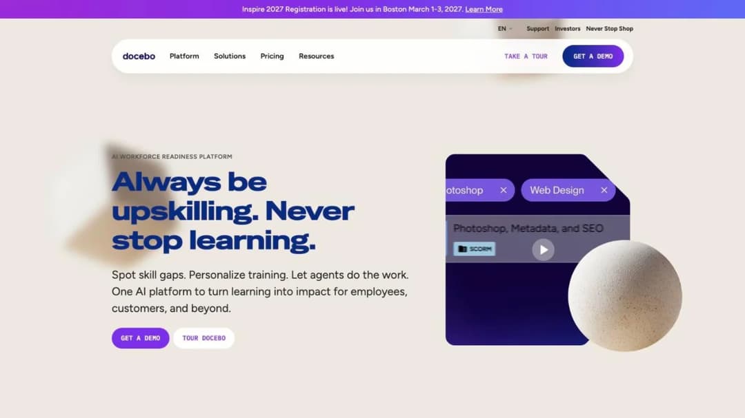 Docebo homepage: AI workforce readiness platform for enterprise learning