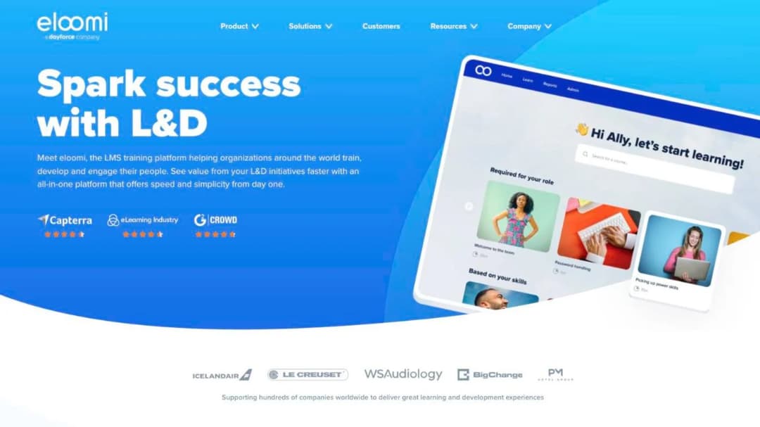 eloomi homepage showing the LMS training platform hero and learner dashboard preview