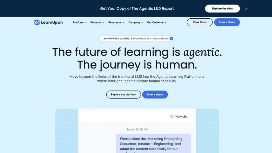 LearnUpon homepage: agentic learning platform with a Journey Agent chat demo