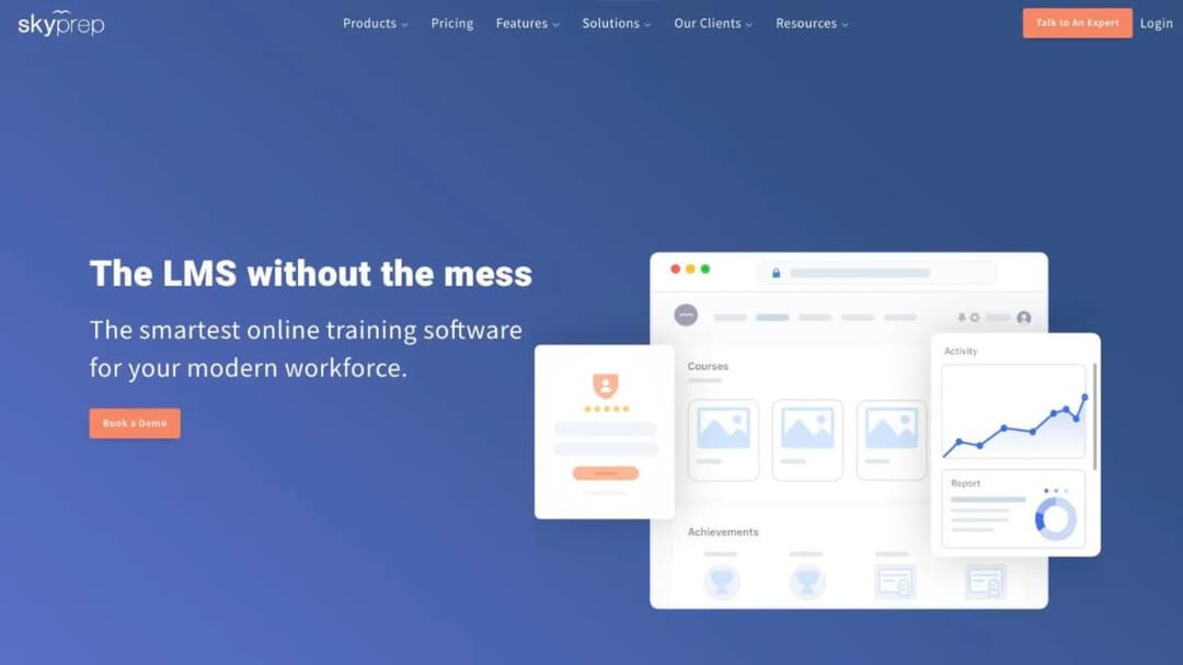 SkyPrep homepage with the training platform hero and a mock learner dashboard