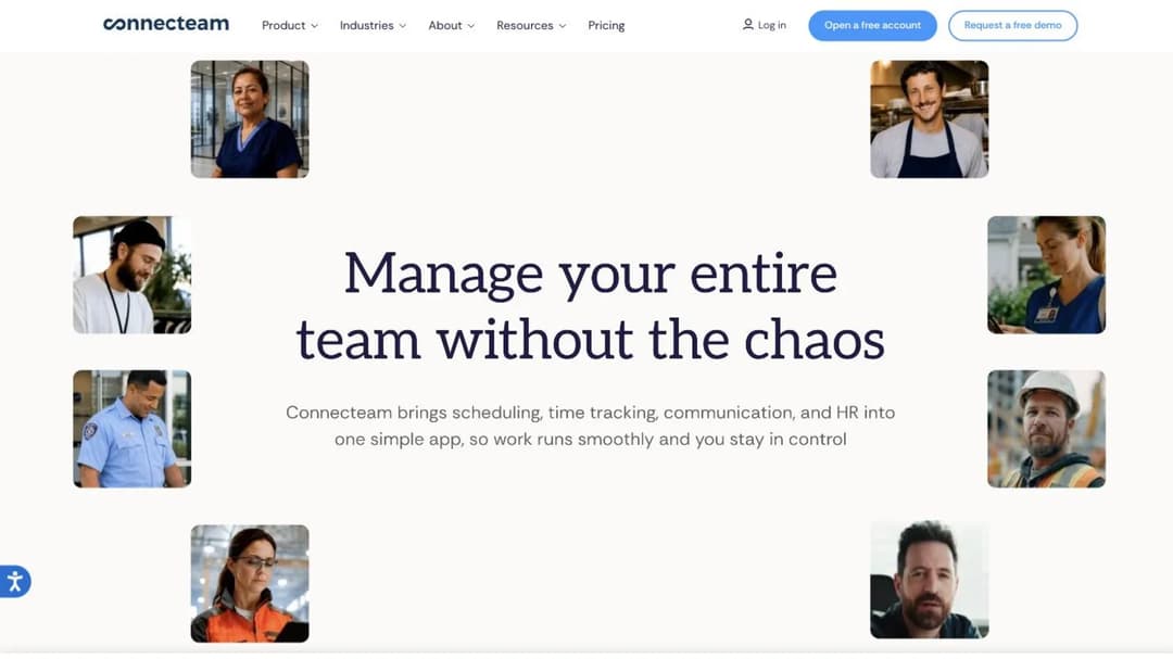 Connecteam home page headlined Manage your entire team without the chaos, framed by photos of frontline workers
