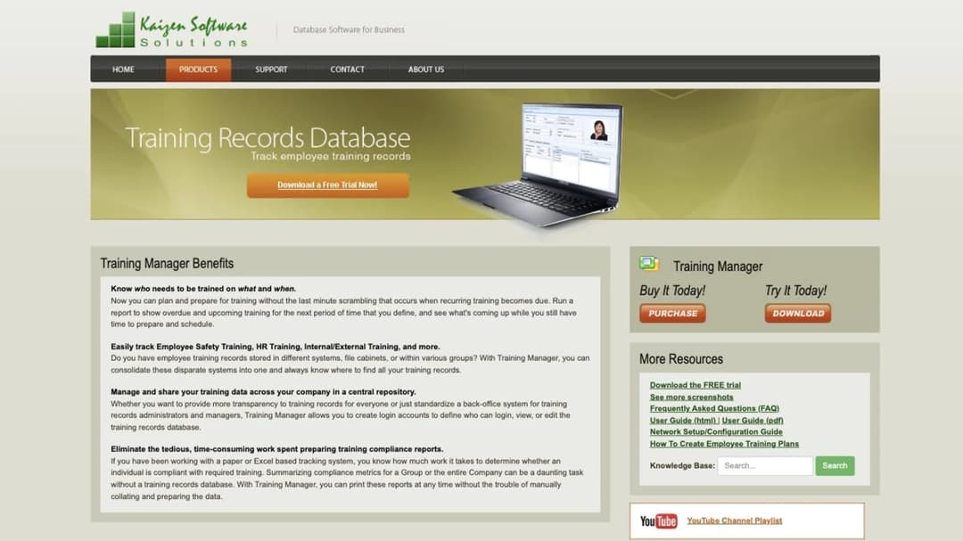 Kaizen Software Training Manager page headlined Training Records Database, for tracking employee training