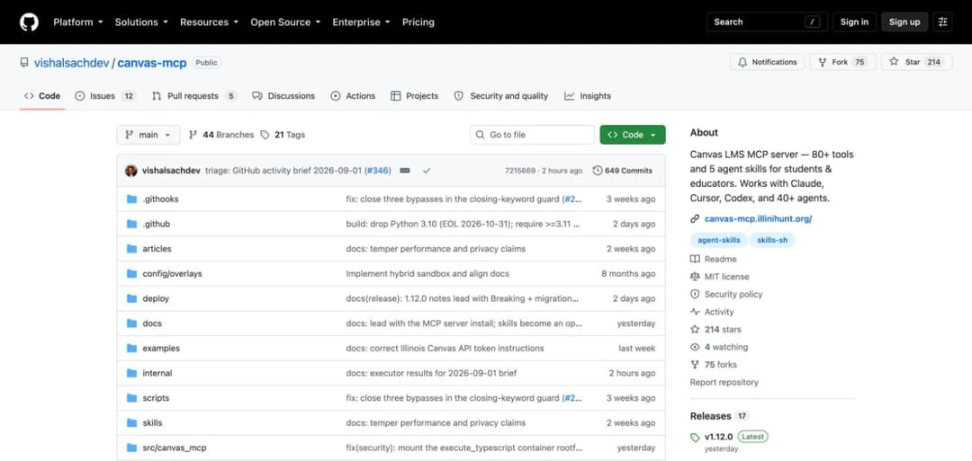 GitHub page for the canvas-mcp repository showing 214 stars, 649 commits and an MIT license