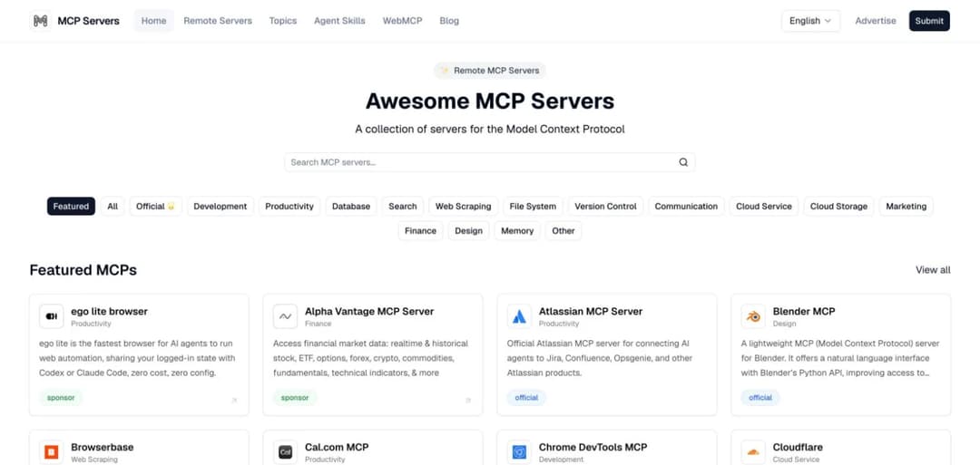 The mcpservers.org category row listing fifteen categories with no education, learning or training category among them