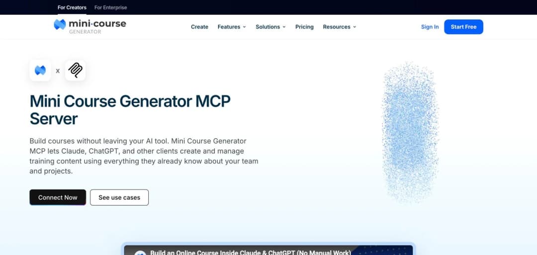 Mini Course Generator MCP Server page describing course creation from inside Claude and ChatGPT