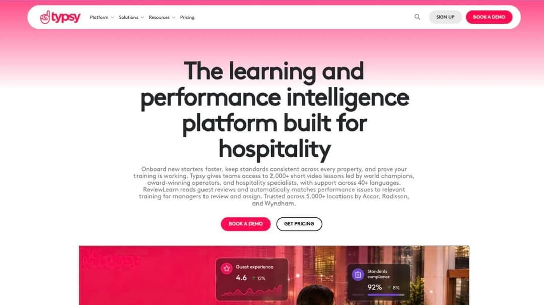 Typsy home page with the hospitality learning and performance intelligence platform hero