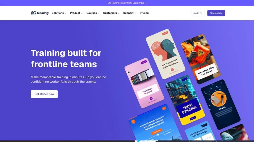 SC Training home page, the product now sold as Mitti, headlined Training built for frontline teams, with phone-shaped course cards