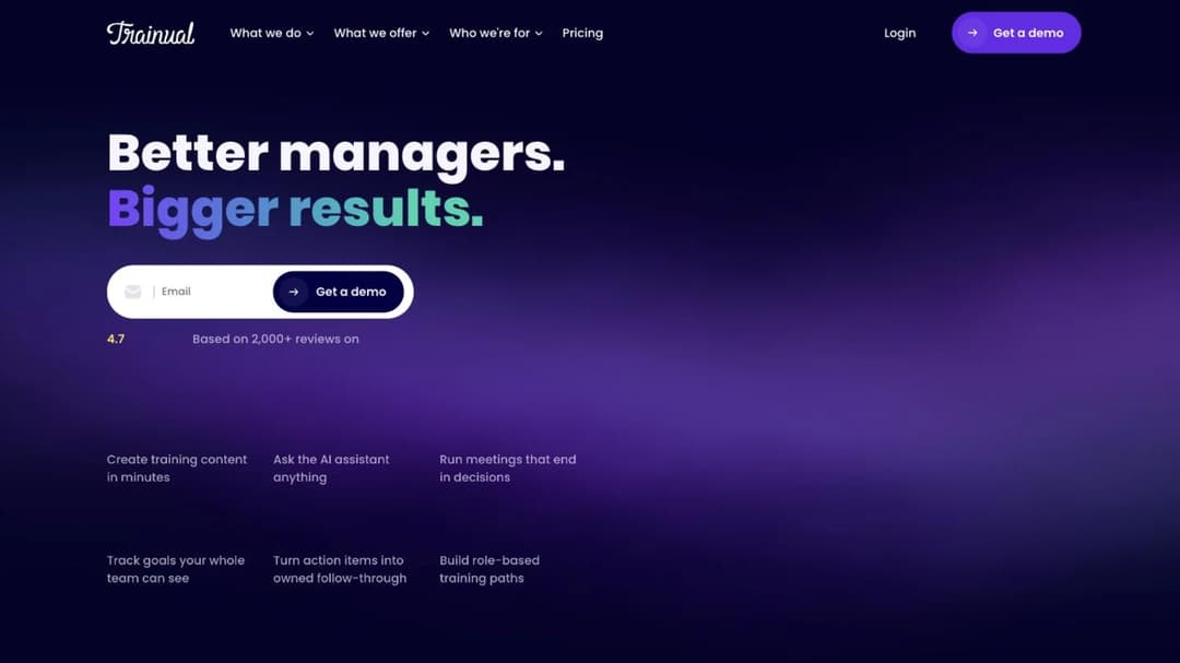 Trainual home page headlined Better managers. Bigger results., with an email capture and a grid of product claims