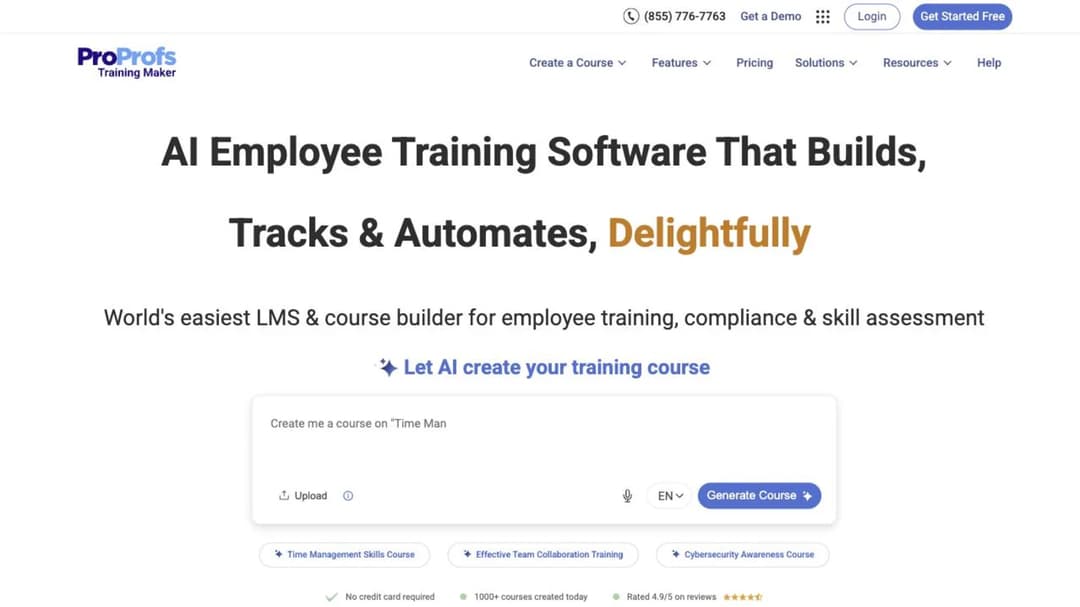 ProProfs Training Maker home page headlined AI Employee Training Software That Builds, Tracks and Automates