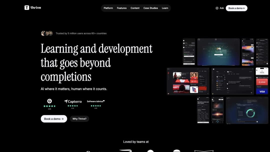 Thrive home page headlined learning and development that goes beyond completions, with product screens and customer logos
