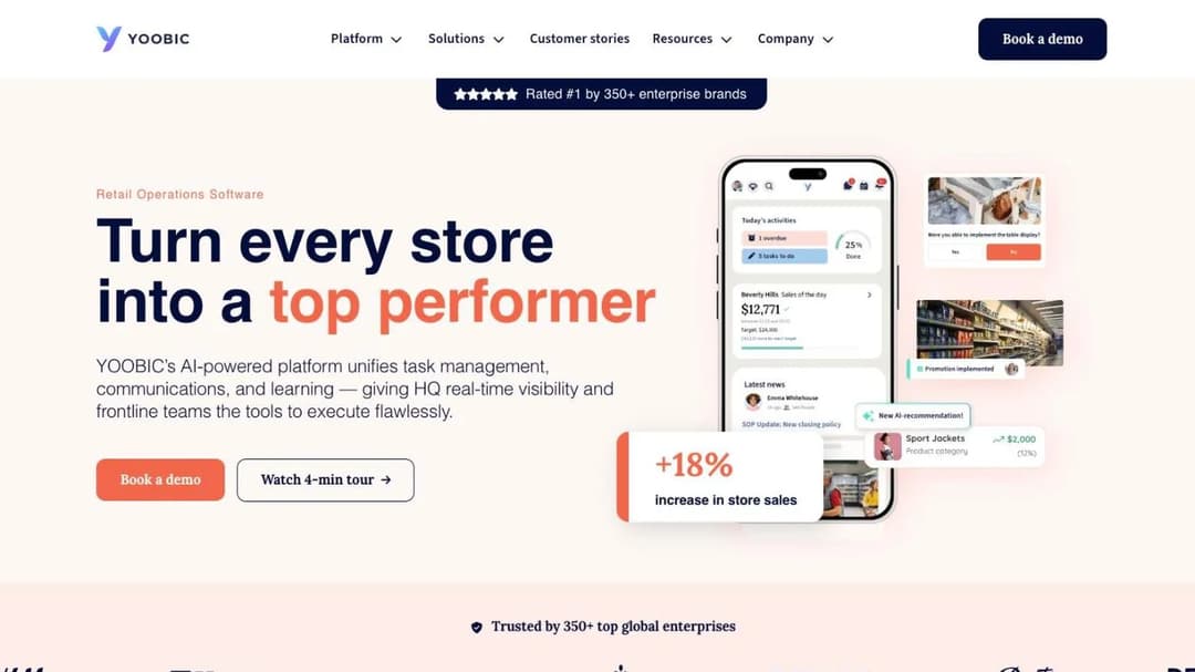 YOOBIC home page headlined Turn every store into a top performer, with store tasks on a phone