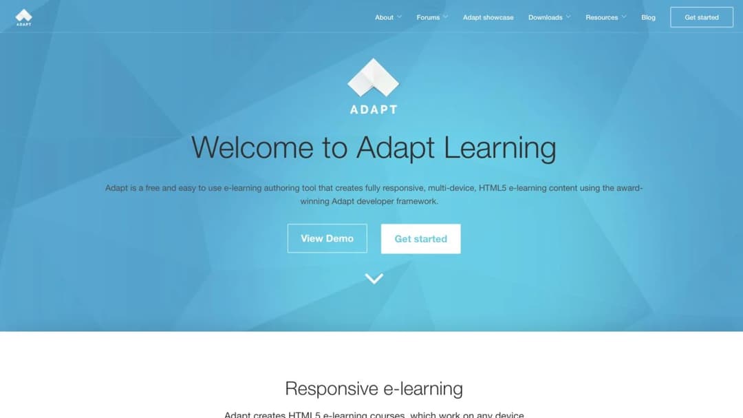 Adapt Learning home page headlined Welcome to Adapt Learning, describing a free HTML5 authoring tool