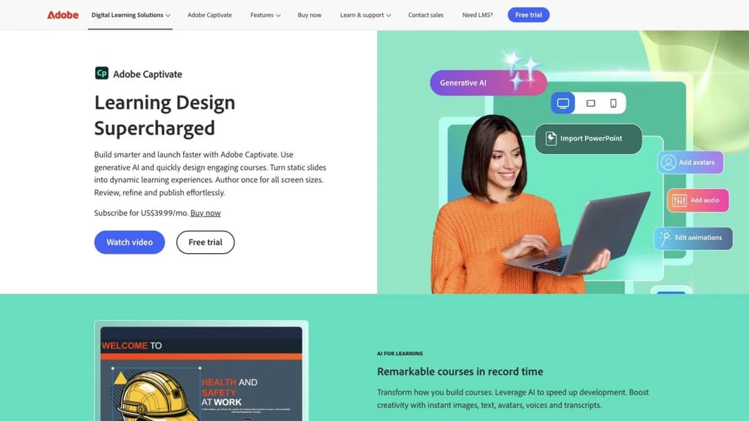 Adobe Captivate product page headlined Learning Design Supercharged, showing generative AI authoring features