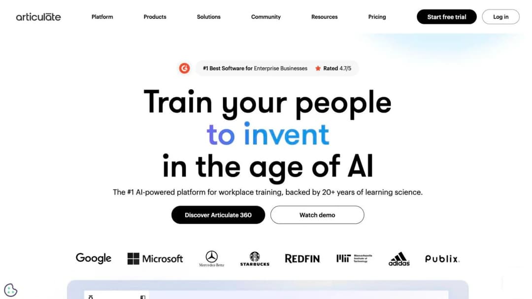 Articulate home page headlined Train your people to invent in the age of AI, with customer logos