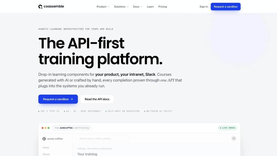 Coassemble home page headlined The API-first training platform, above an embedded training dashboard