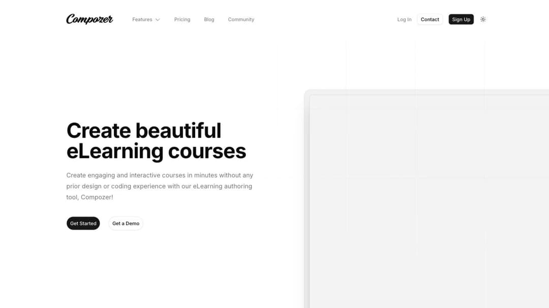 Compozer home page headlined Create beautiful eLearning courses
