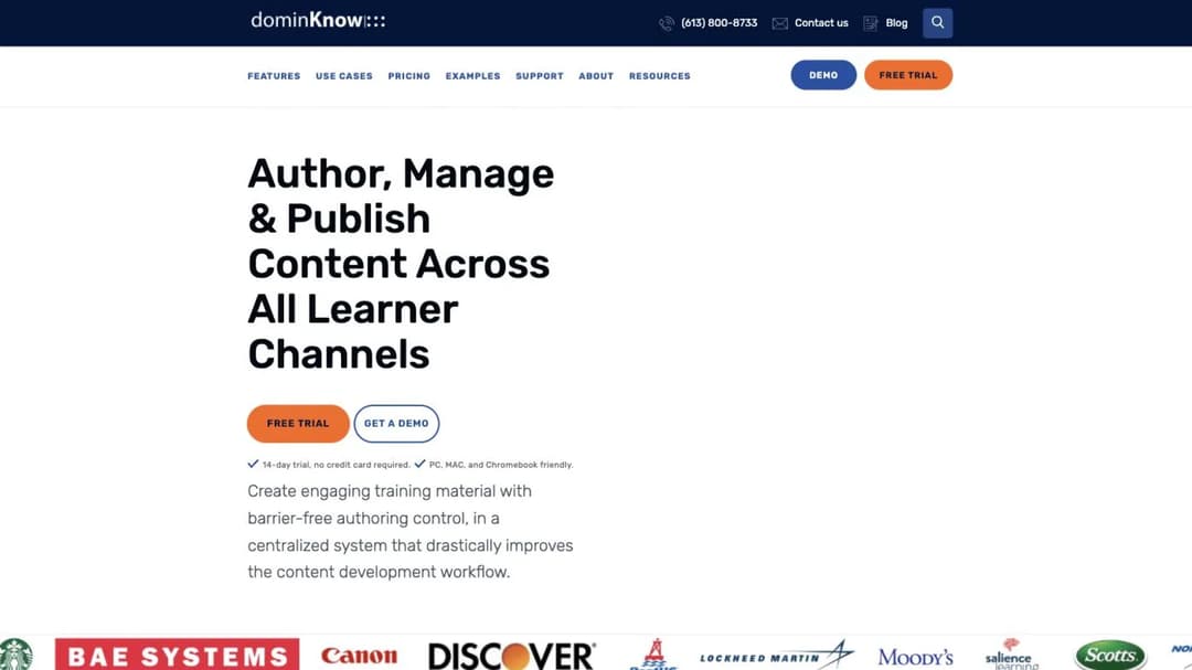 dominKnow home page headlined Author, Manage and Publish Content Across All Learner Channels, above a row of customer logos