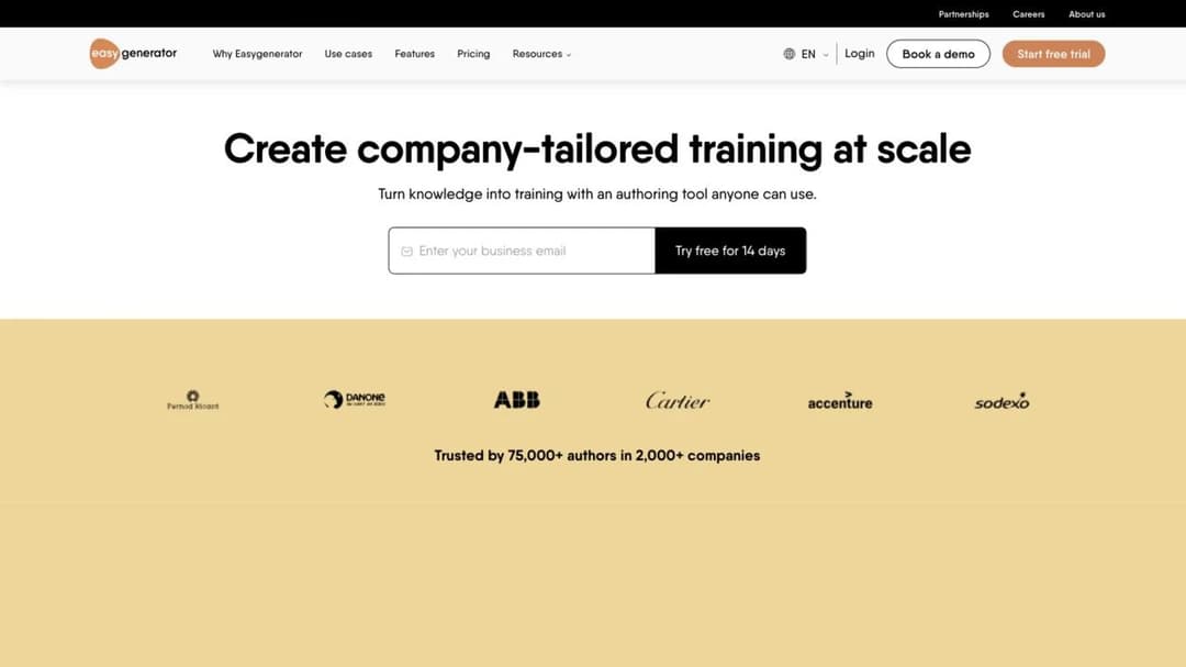 Easygenerator homepage with the authoring tool hero and enterprise customer logos