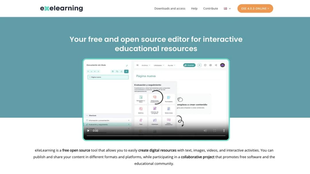 eXeLearning home page headlined Your free and open source editor for interactive educational resources