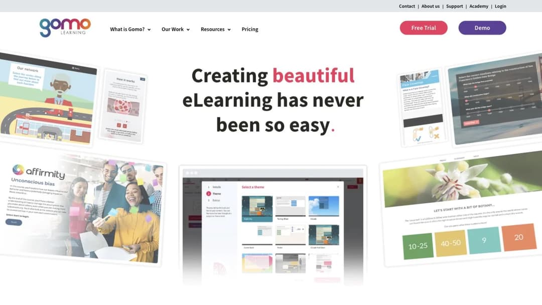 Gomo Learning home page headlined Creating beautiful eLearning has never been so easy, framed by course screens