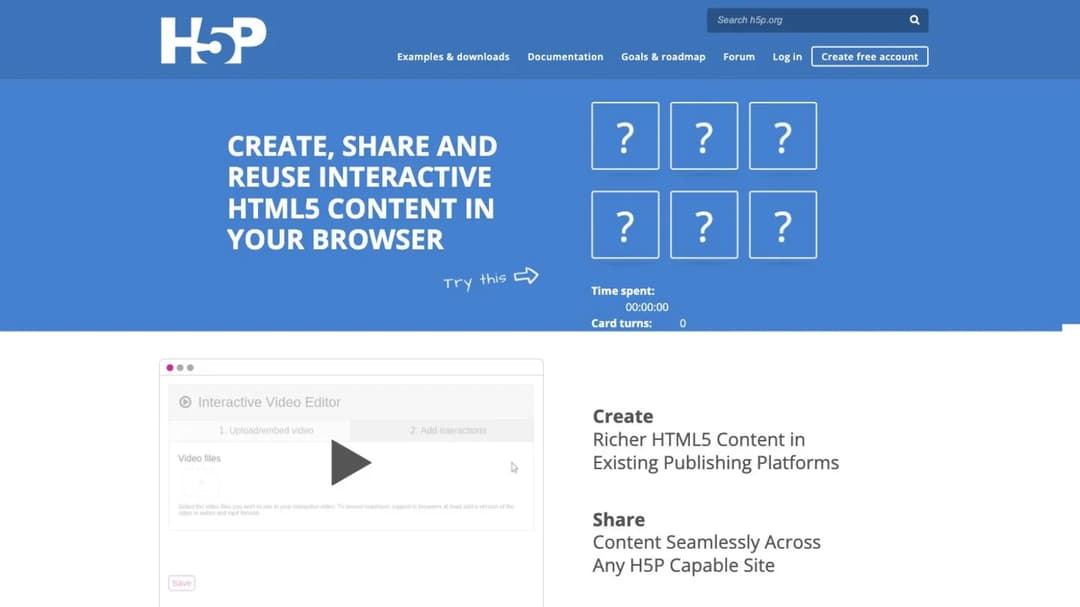H5P home page headlined Create, share and reuse interactive HTML5 content in your browser