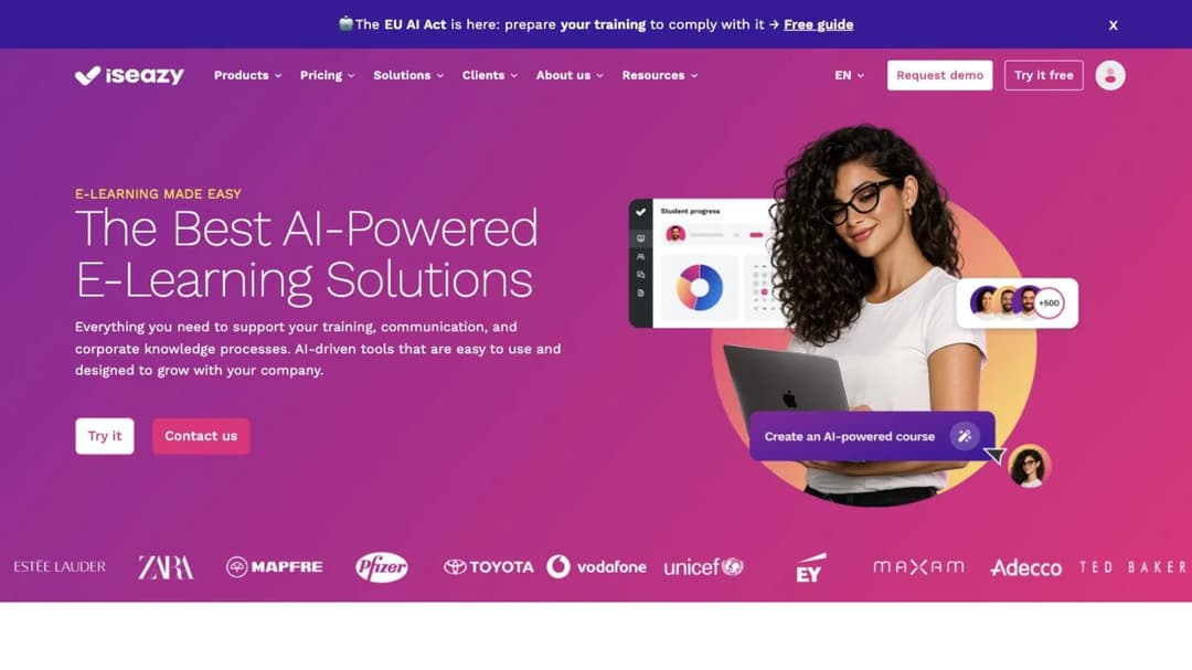 isEazy home page headlined The Best AI-Powered E-Learning Solutions, with customer logos