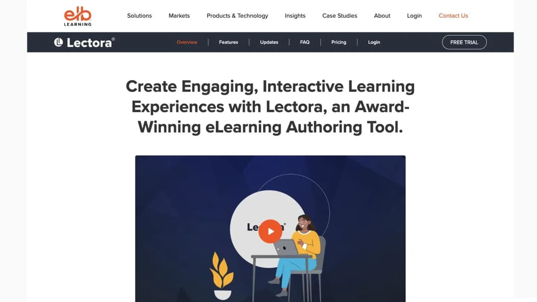 Lectora product page on the ELB Learning site, headlined Create Engaging, Interactive Learning Experiences with Lectora