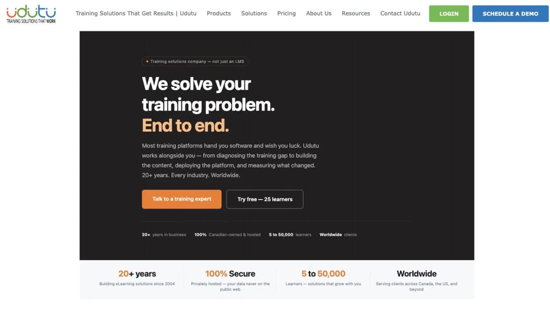 Udutu home page headlined We solve your training problem, end to end