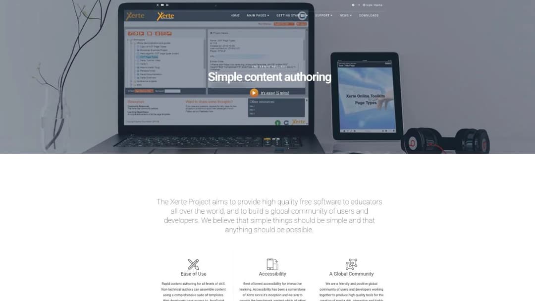 Xerte Project home page headlined Simple content authoring, showing the authoring workspace