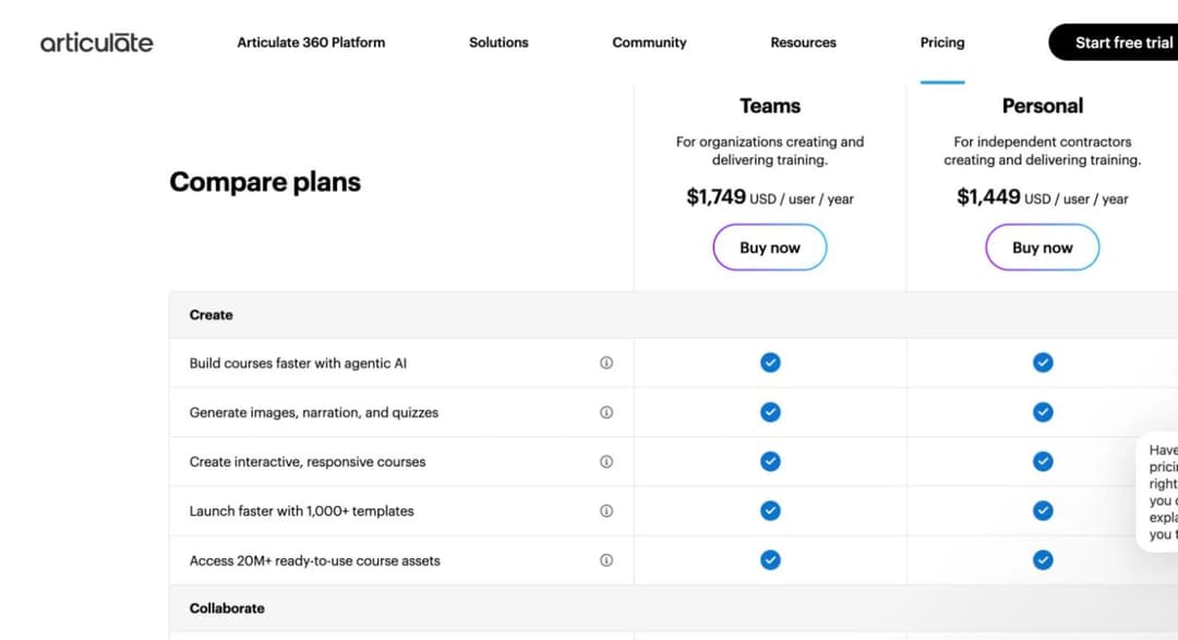Articulate 360 pricing comparing Teams at 1749 and Personal at 1449 US dollars per user per year