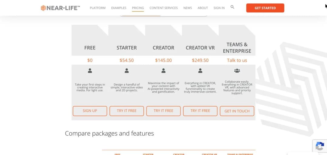 Near-Life pricing showing five tiers from a free plan to Creator VR at 249.50 US dollars per month