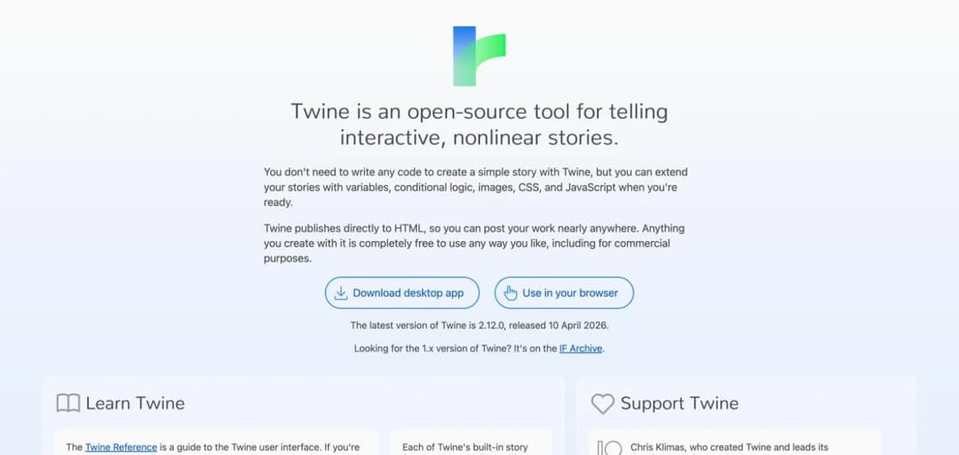 Twine homepage describing the free open-source tool for interactive nonlinear stories, version 2.12.0