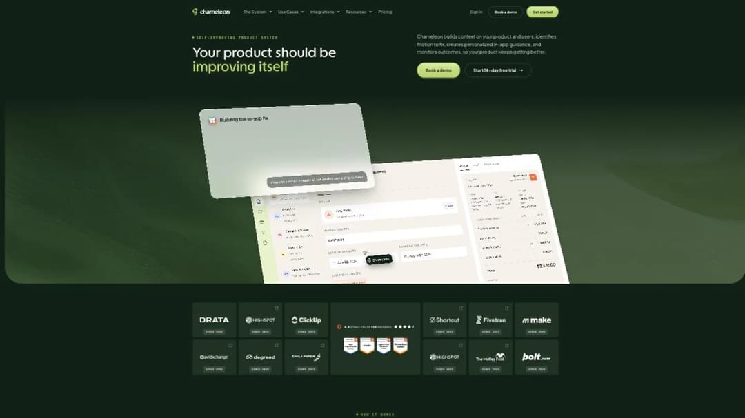 Chameleon's homepage, built around in-app guidance that adjusts to what users do
