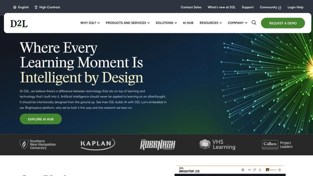 D2L home page headlined Where Every Learning Moment Is Intelligent by Design, above university and company logos