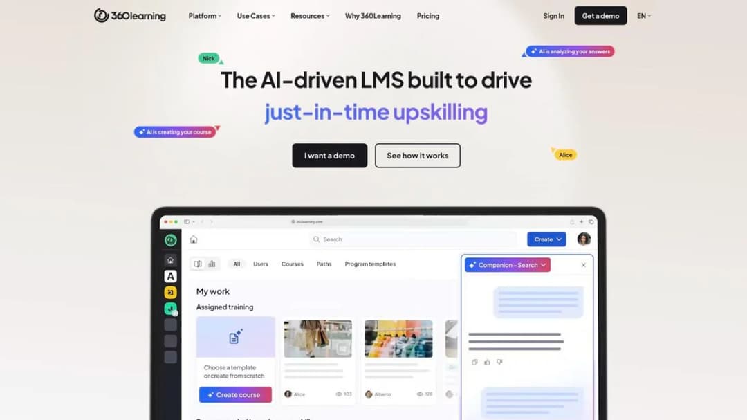 360Learning homepage presenting its collaborative AI learning platform
