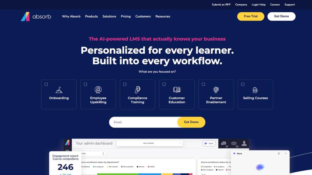 Absorb LMS homepage presenting its enterprise learning management system and multi-tenant portals