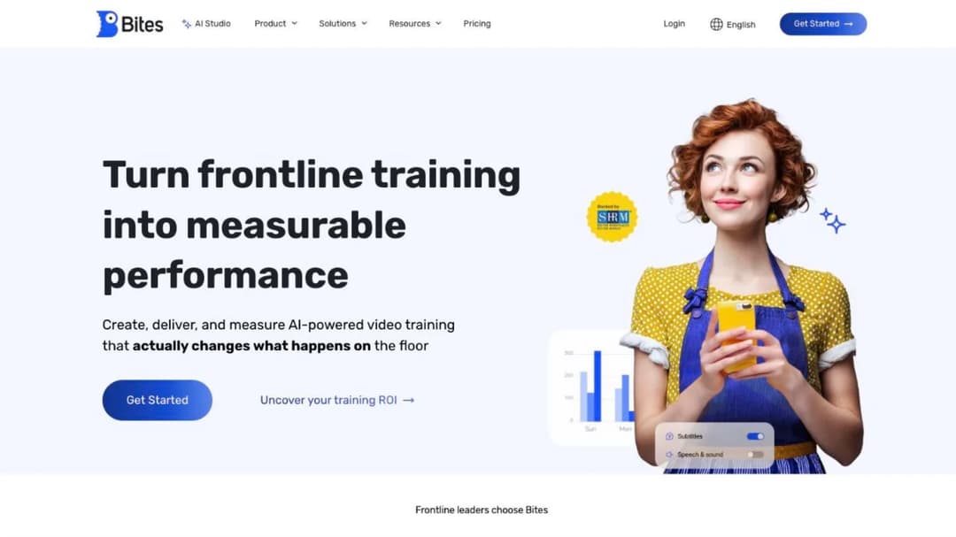 Bites homepage presenting AI microlearning delivered through WhatsApp, SMS, Teams and Slack