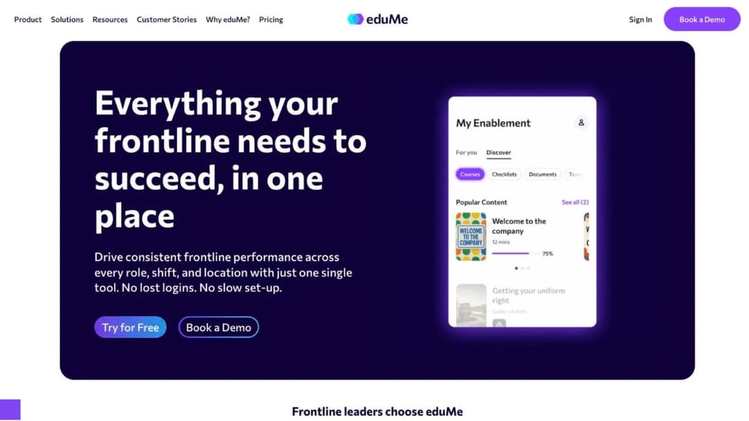 eduMe homepage presenting its app-free training and enablement platform for frontline workforces