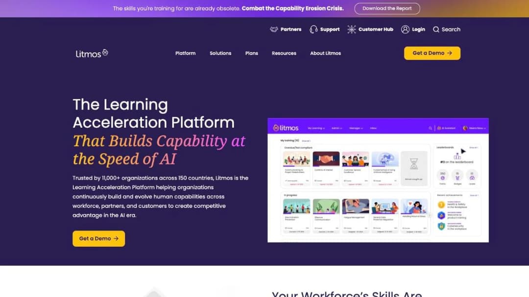 Litmos homepage presenting its learning acceleration platform for employees, customers and partners