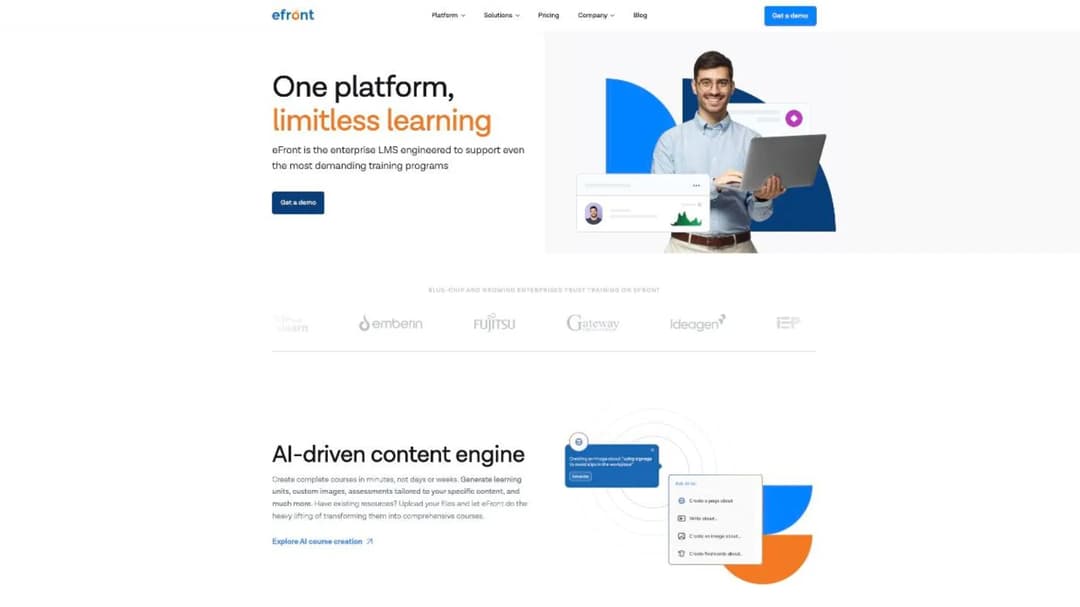 eFront homepage, an enterprise LMS positioned for demanding and complex training programs
