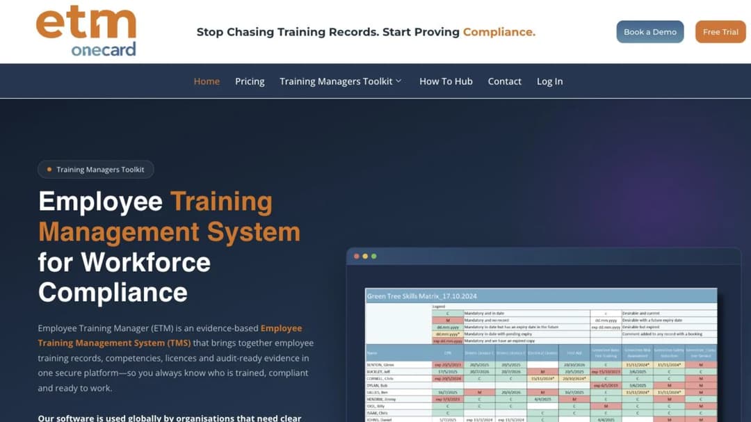 Employee Training Manager home page headlined Employee Training Management System for Workforce Compliance