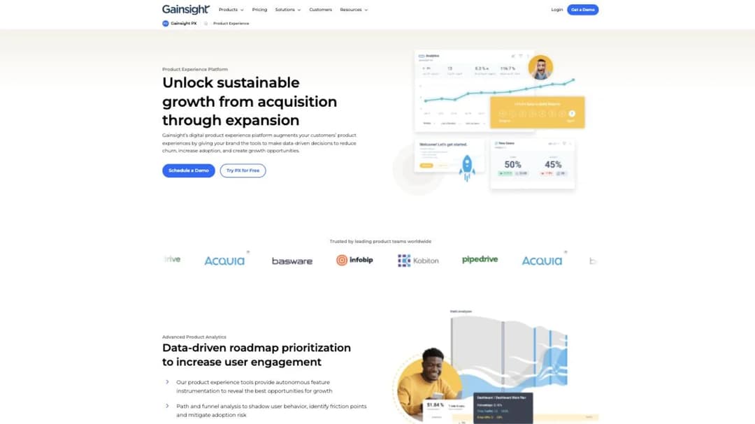 The Gainsight PX page, showing its product experience analytics and in-app engagement dashboards