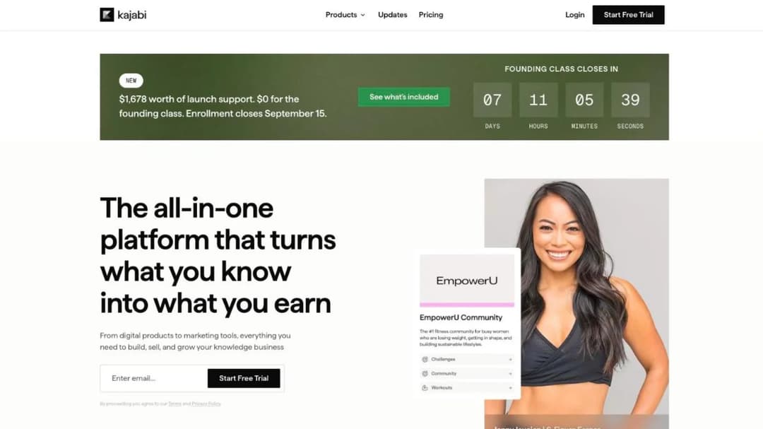 The Kajabi homepage, showing its all-in-one platform for courses, coaching, communities and memberships