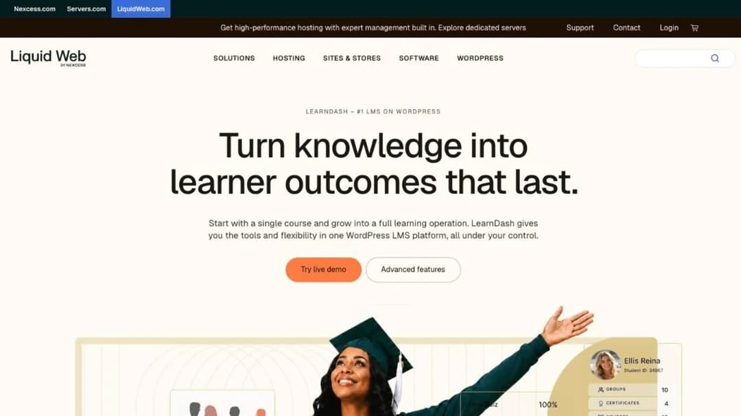 The LearnDash homepage at Liquid Web, showing its WordPress course plugin and license tiers