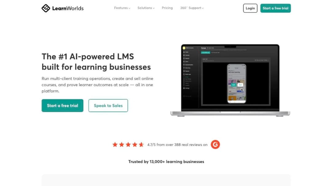The LearnWorlds homepage, showing its AI-powered course platform for learning businesses
