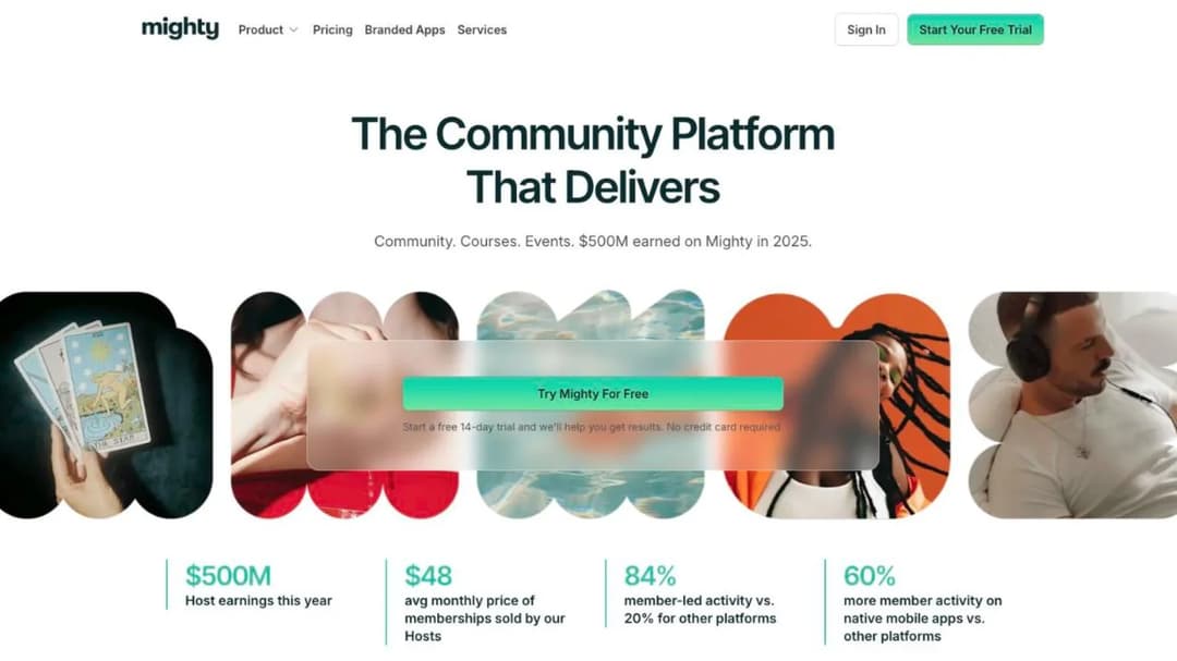 The Mighty Networks homepage, showing its branded community platform with courses and events