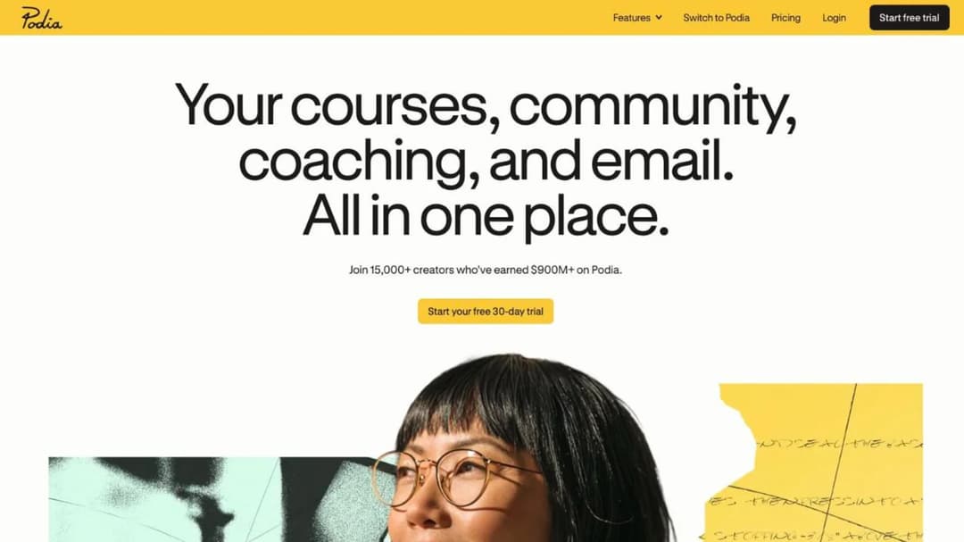 The Podia homepage, showing its storefront for courses, downloads and communities