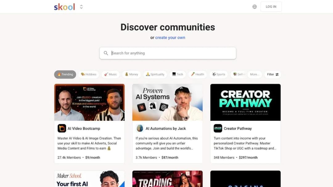 The Skool homepage, showing its community-first platform with courses attached