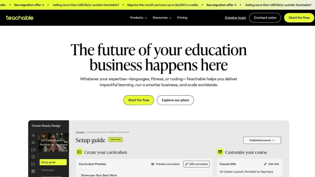 The Teachable homepage, showing its course, coaching and digital product platform for creators