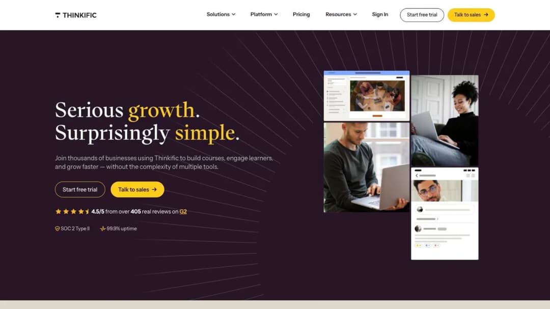 The Thinkific homepage, showing its course platform for creators, coaches and businesses